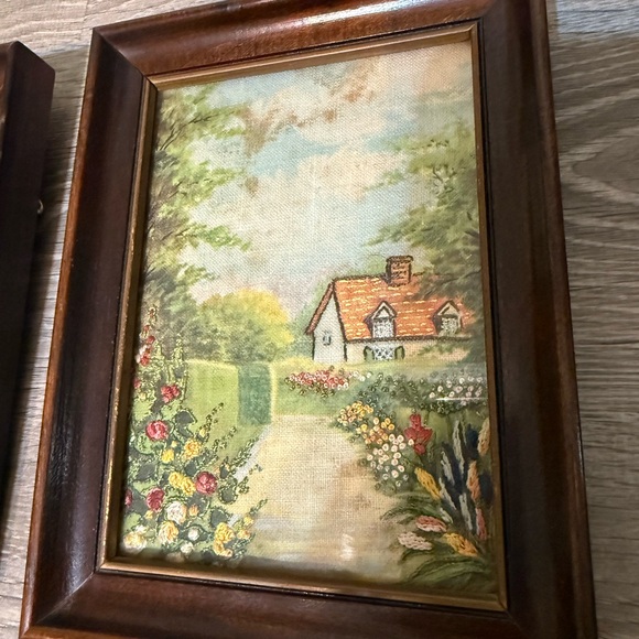 Set of Three Vintage Framed Cottage Prints on Fabric with Embroidered Flowers - Picture 3 of 12